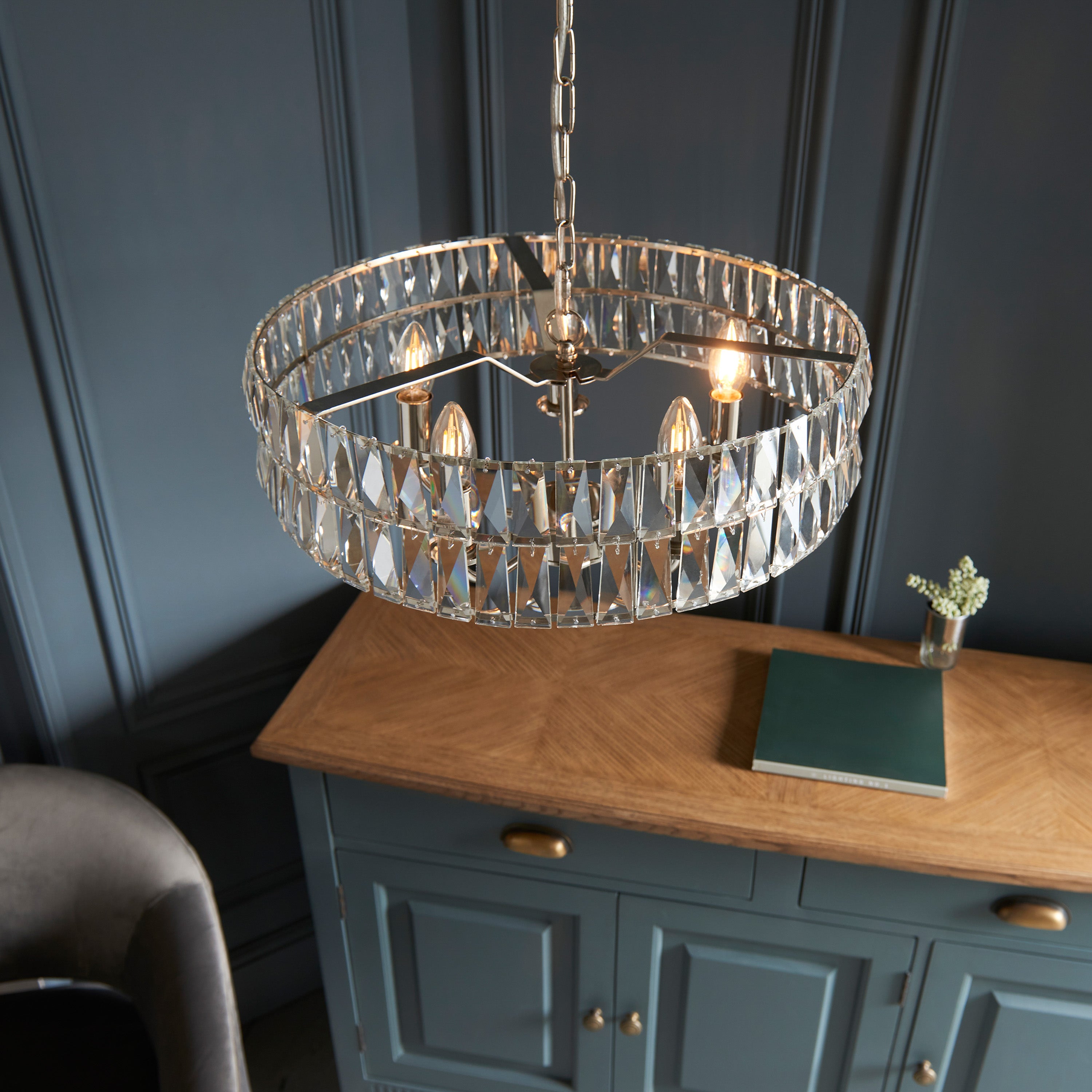 Albion Bright Nickel & Crystal Glass Pendant Light | Large